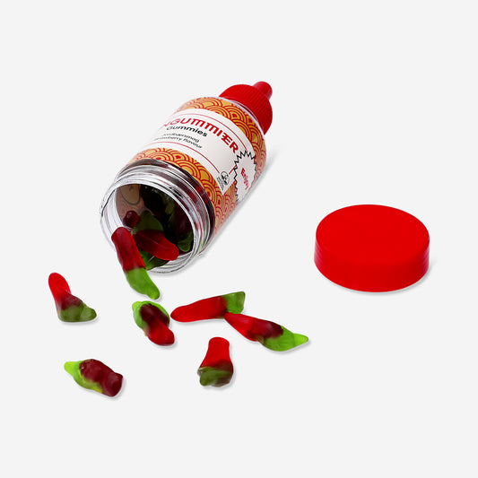 Pepper gummies in sriracha bottle