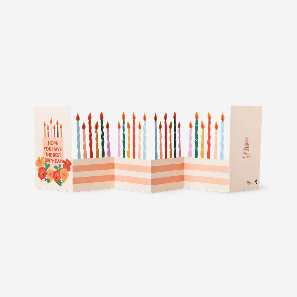 Fold-out birthday candles office greeting card by Flying Tiger Copenhagen featuring colorful candle illustrations.
