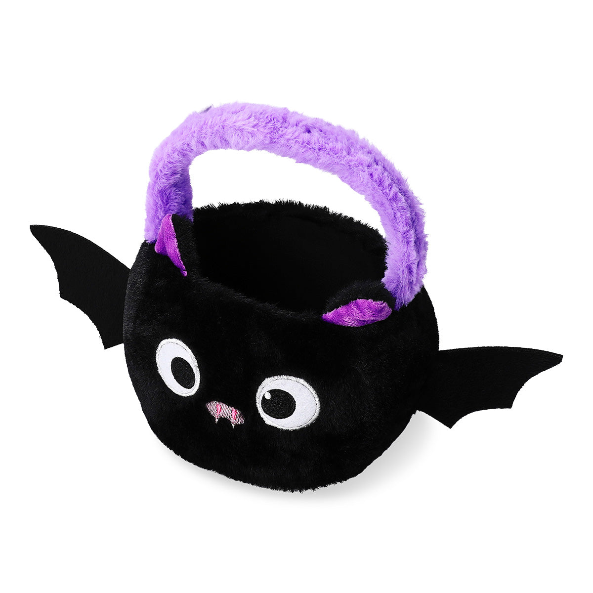 Flying Tiger Copenhagen fluffy bat trick or treat bucket for Halloween, featuring a soft, black bat design for party fun.