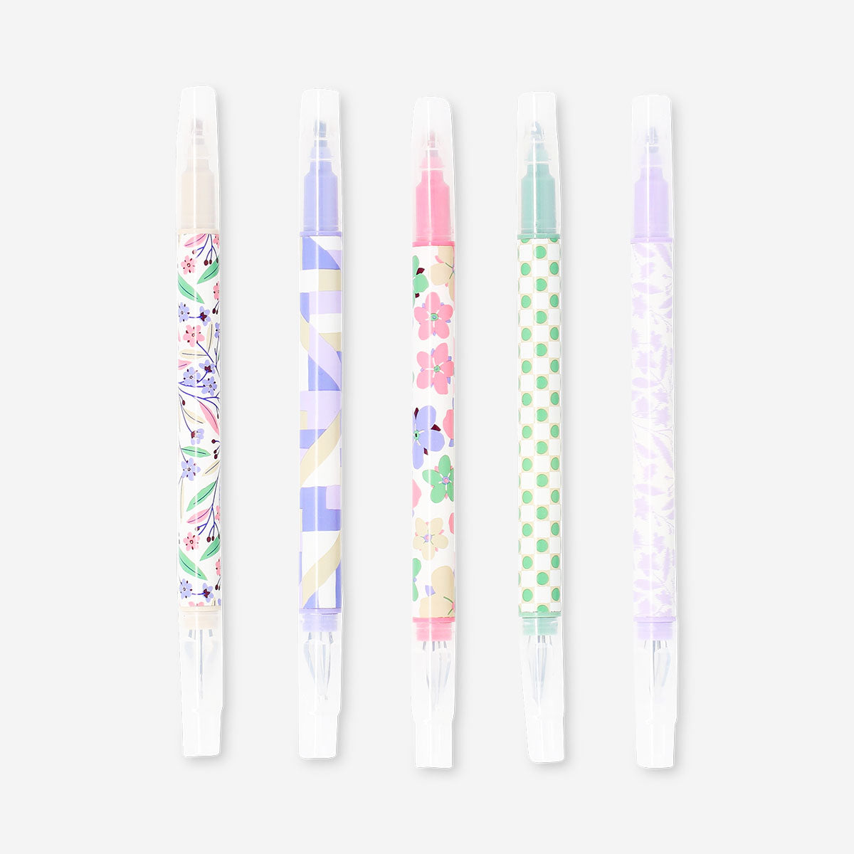 Set of four Flying Tiger Copenhagen dual-tip pens with gel ink and highlighters, featuring colorful caps and versatile writing tips.