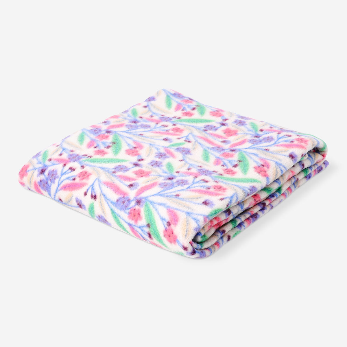 Flying Tiger Copenhagen floral fleece blanket in pink with colorful flower patterns, 180x130 cm for cozy home use.