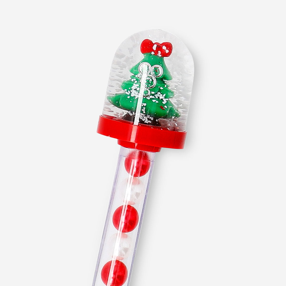 Flying Tiger Copenhagen ballpoint pen featuring a Christmas tree in a snowglobe design for festive office use.
