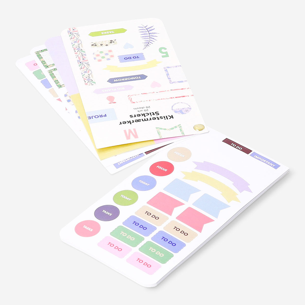 Colorful Flying Tiger Copenhagen office planner stickers with various shapes and designs for organizing and decorating planners.