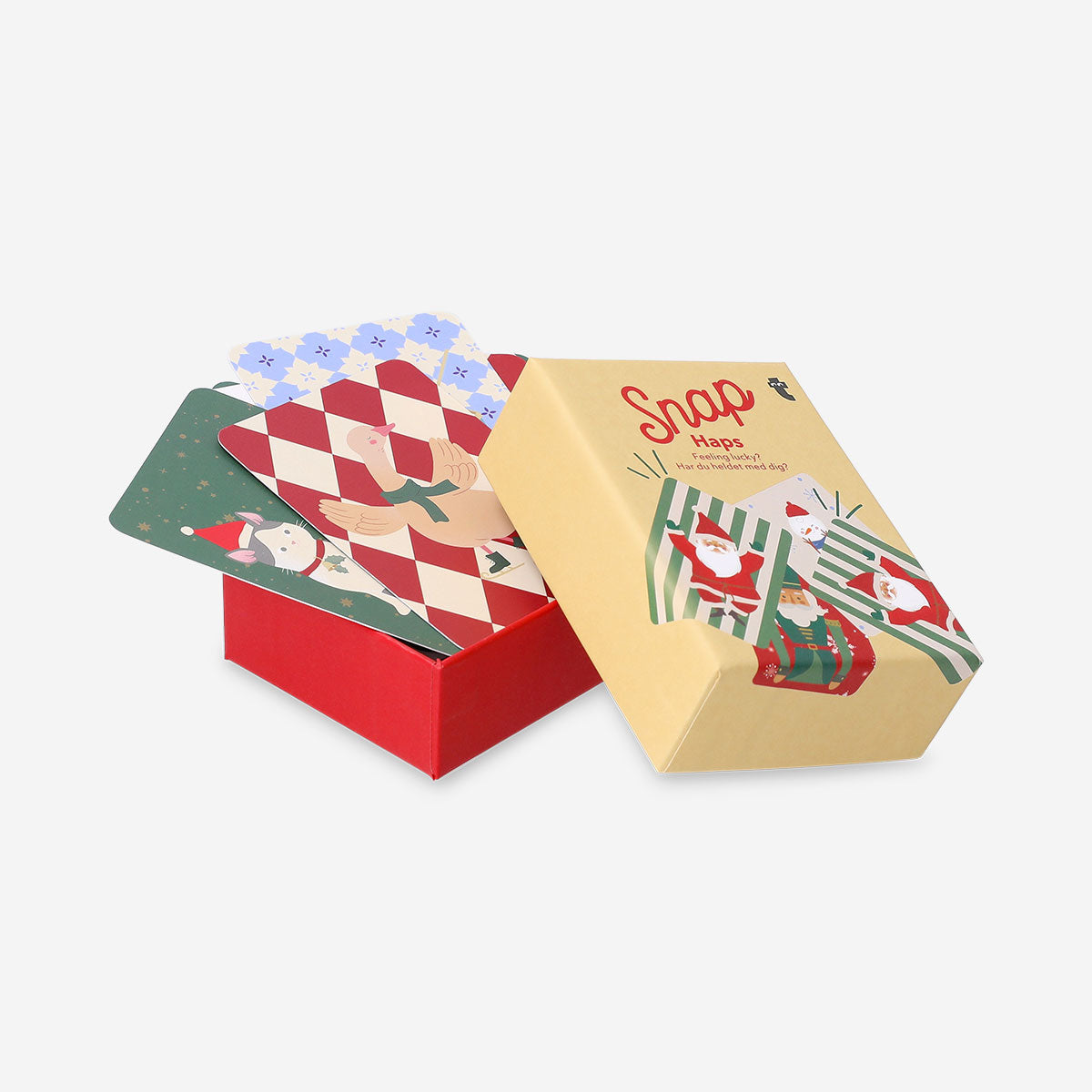 Flying Tiger Copenhagen Christmas snap card game with festive holiday-themed playing cards and colorful designs.