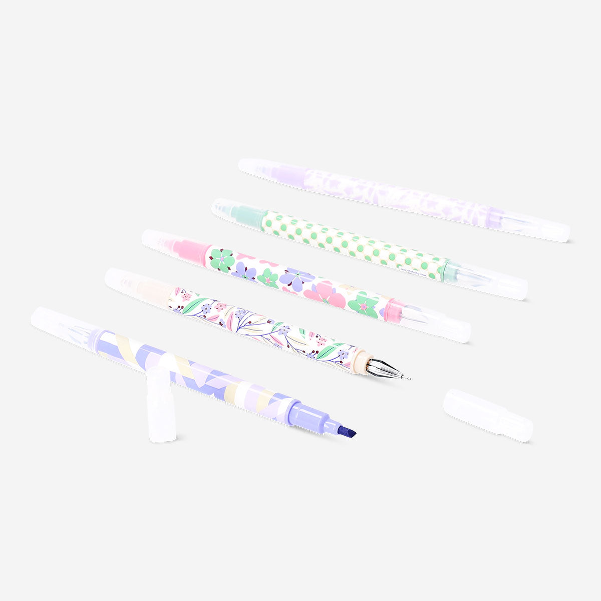 Set of 4 Flying Tiger Copenhagen dual-tip gel ink pens and highlighters, ideal for office and note-taking tasks