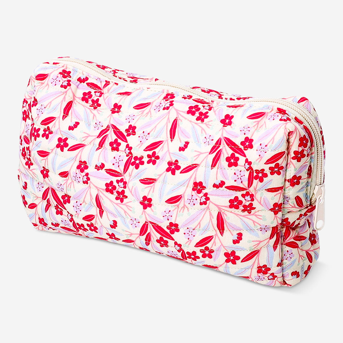 Flying Tiger Copenhagen quilted floral toiletry bag for personal care, with a soft fabric exterior and floral pattern.