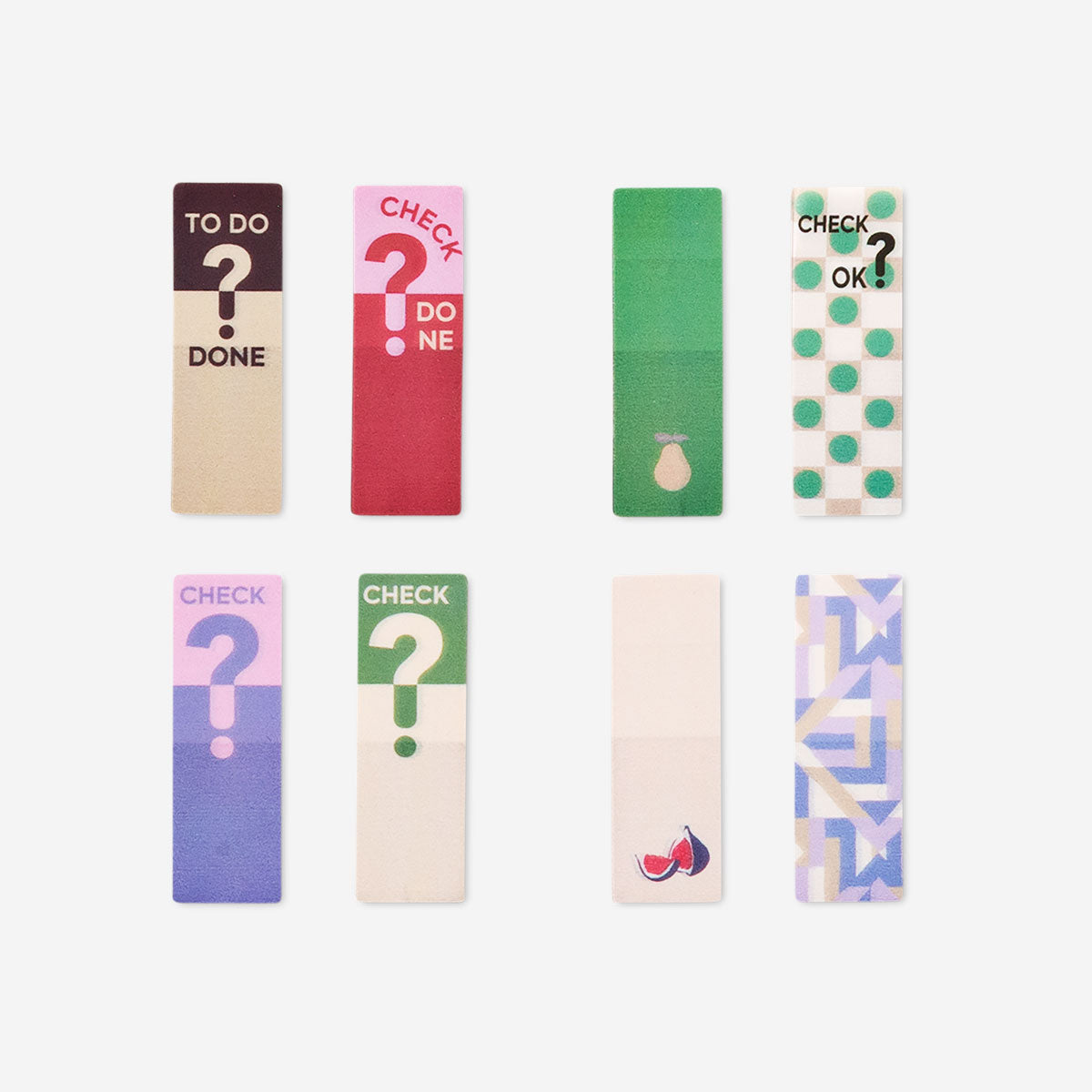 Set of 8 Flying Tiger Copenhagen office tab dividers with colorful fun prints and pull-off mechanism for organizing documents.
