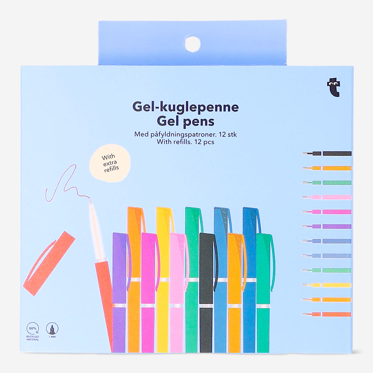 Set of 12 Flying Tiger Copenhagen gel ink pens with refills, featuring colorful caps and sleek design for office use.
