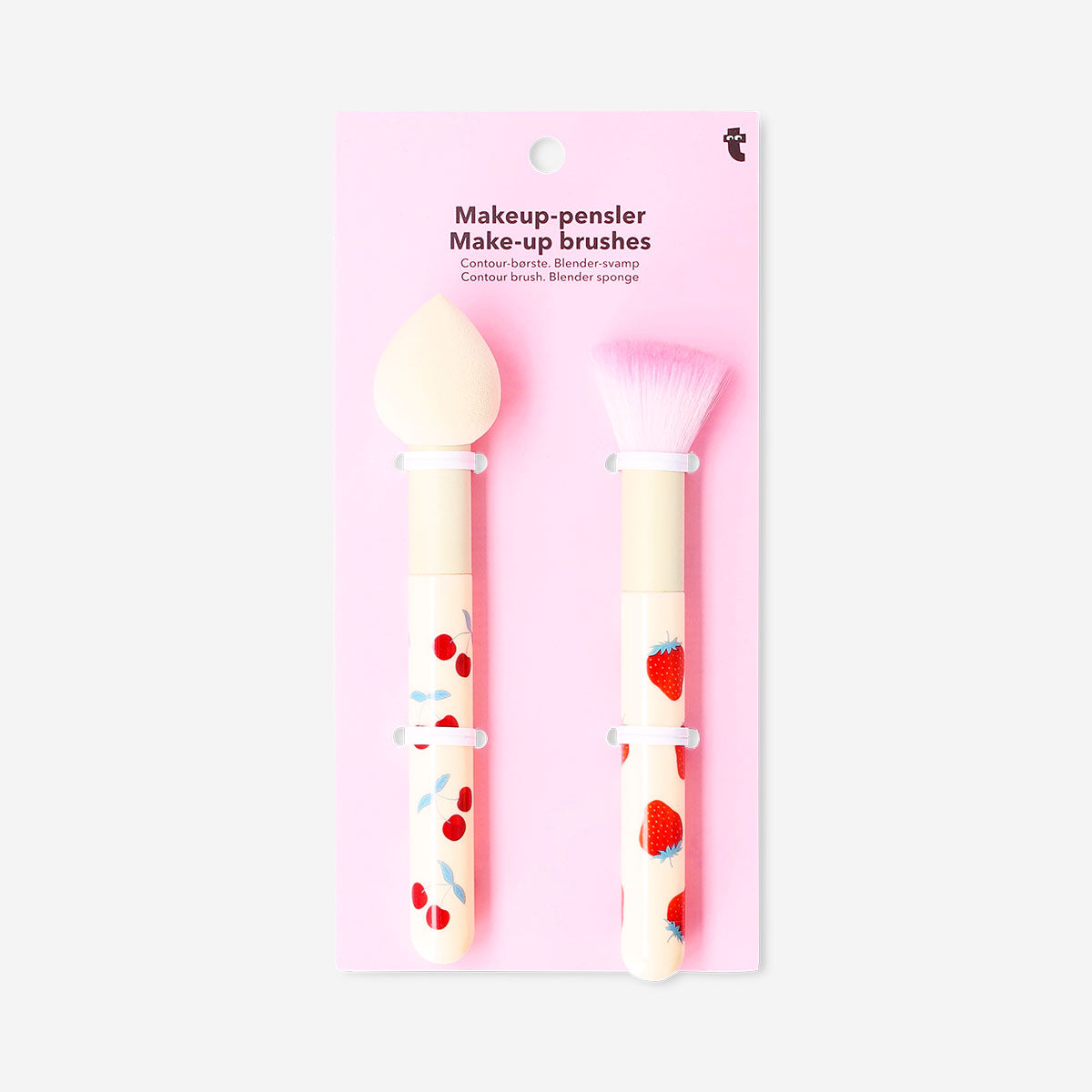 Set of two Flying Tiger Copenhagen makeup brushes with berry print handles for personal care and makeup application.