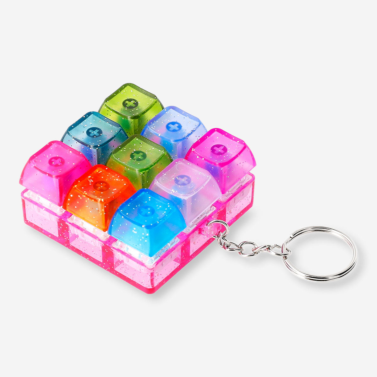 Colorful Push Me keyboard keyring gadget by Flying Tiger Copenhagen with multi-colored design and keyring attachment.