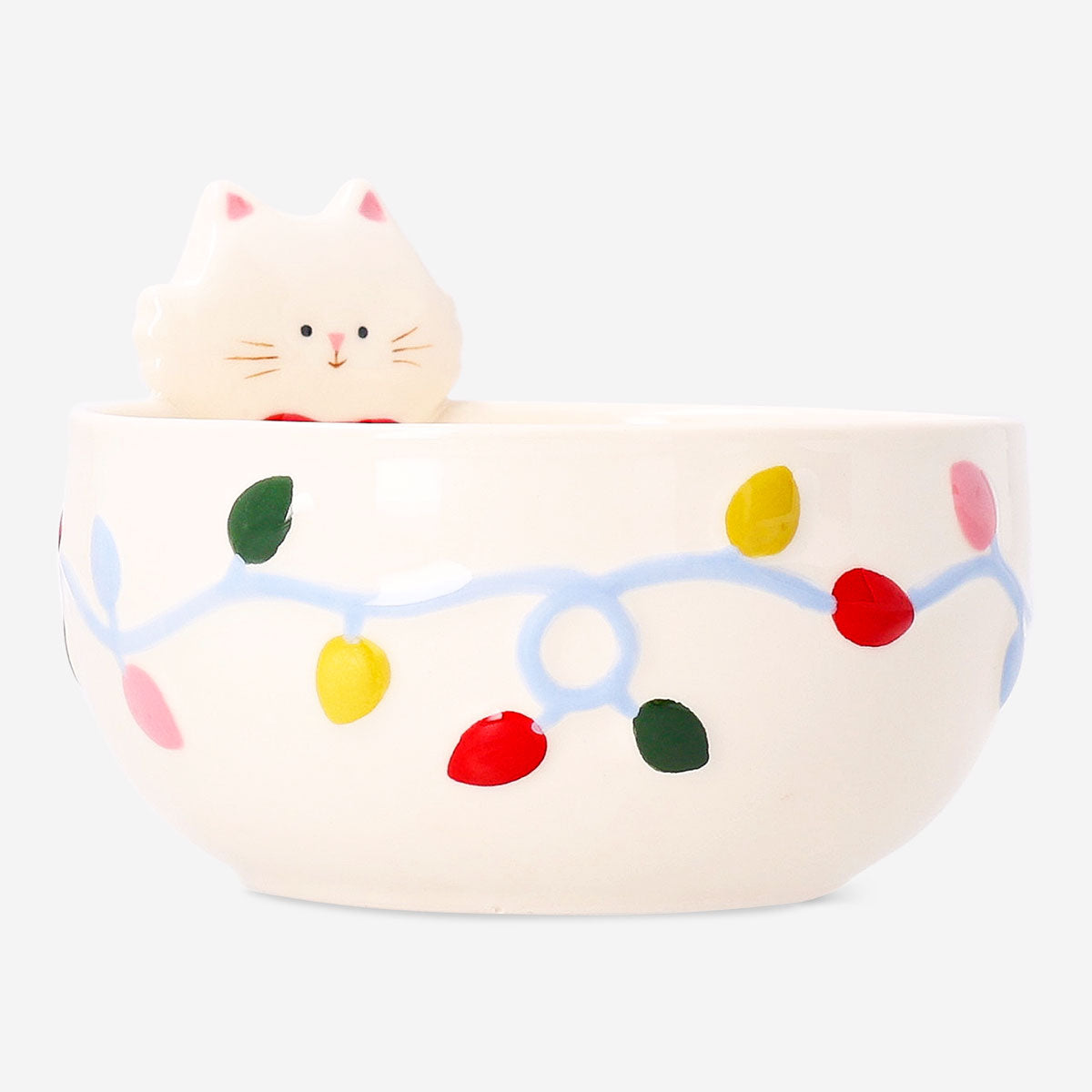 Ceramic cat bowl with embossed Christmas lights design, 12 cm in size, perfect for festive kitchen use by Flying Tiger Copenhagen.