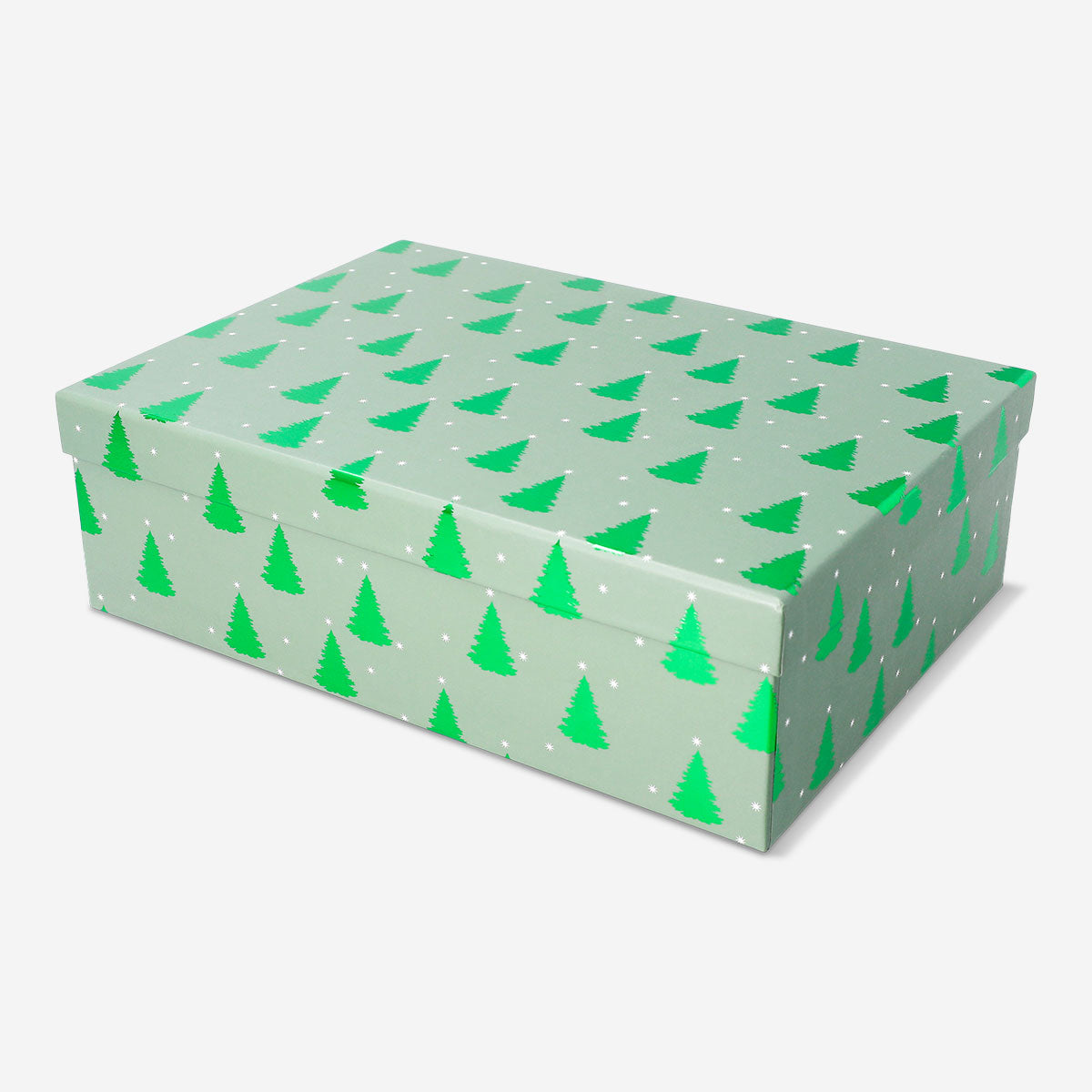 Green gift box with Christmas trees