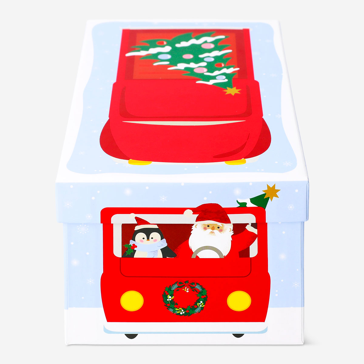 Office gift box featuring Santa's truck design, measuring 12x20 cm, by Flying Tiger Copenhagen, with festive holiday imagery.