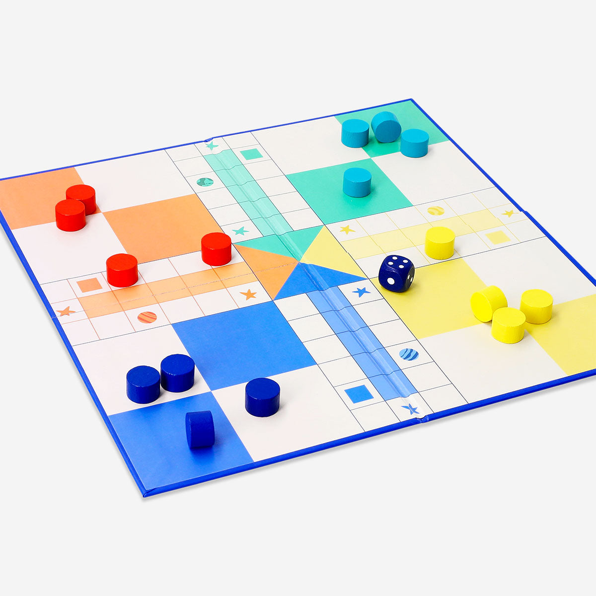 Flying Tiger Copenhagen cardboard Ludo game with colorful game board and playing pieces for family fun and entertainment.
