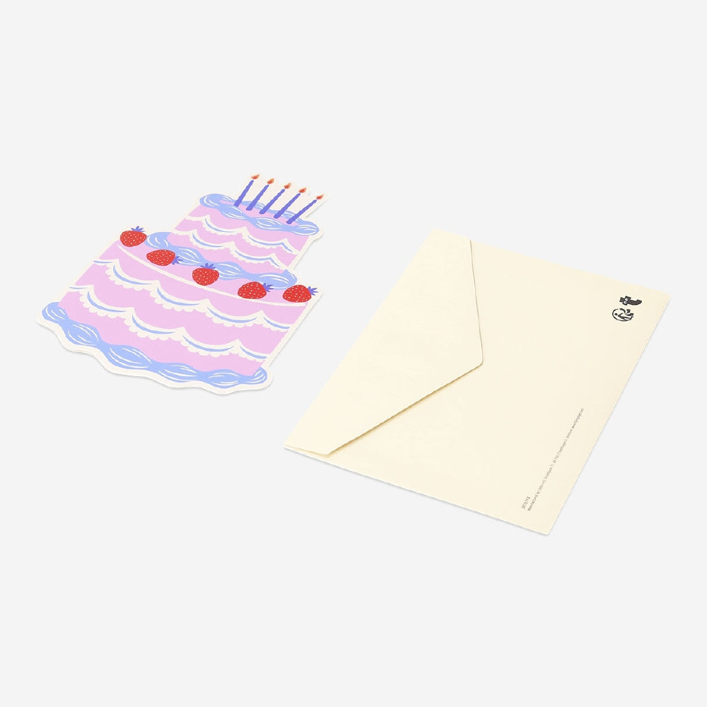 Flying Tiger Copenhagen birthday card featuring a colorful birthday cake with candles, ideal for celebrating special occasions.