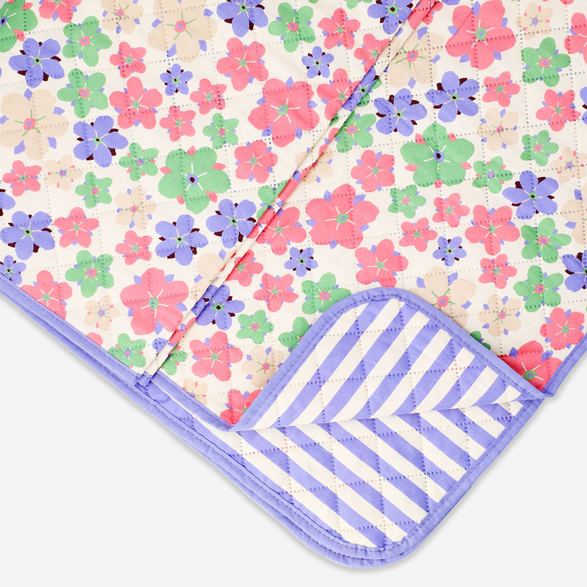 Quilted floral blanket by Flying Tiger Copenhagen, 170x130 cm, featuring colorful floral patterns on soft fabric.