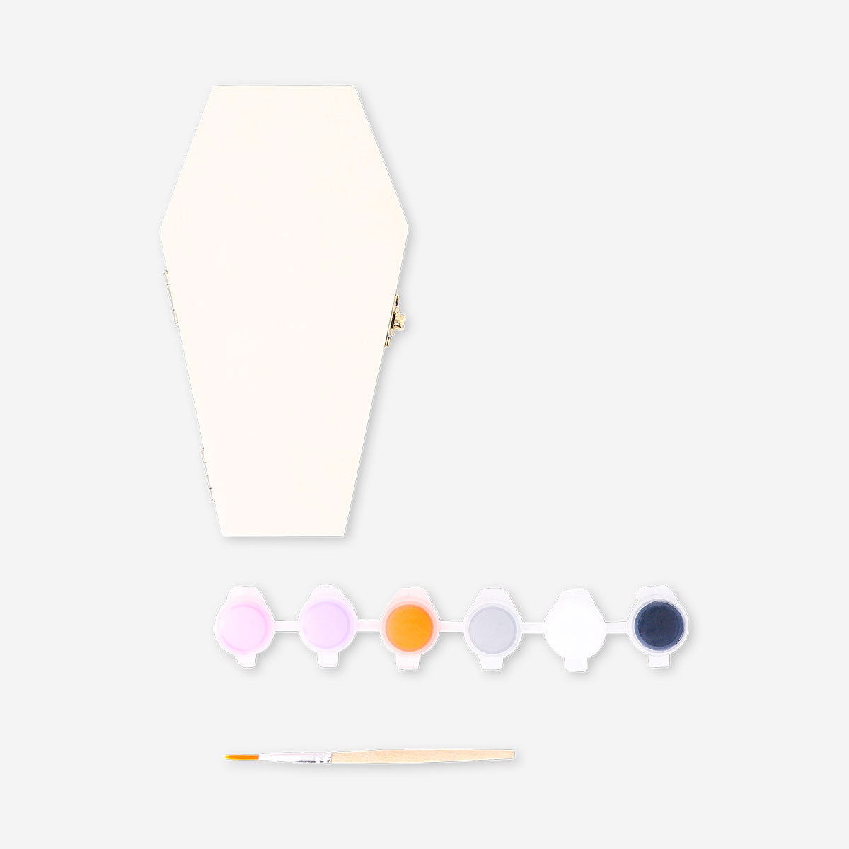 DIY wooden coffin craft kit with paint from Flying Tiger Copenhagen, featuring unfinished wood and colorful paint supplies.