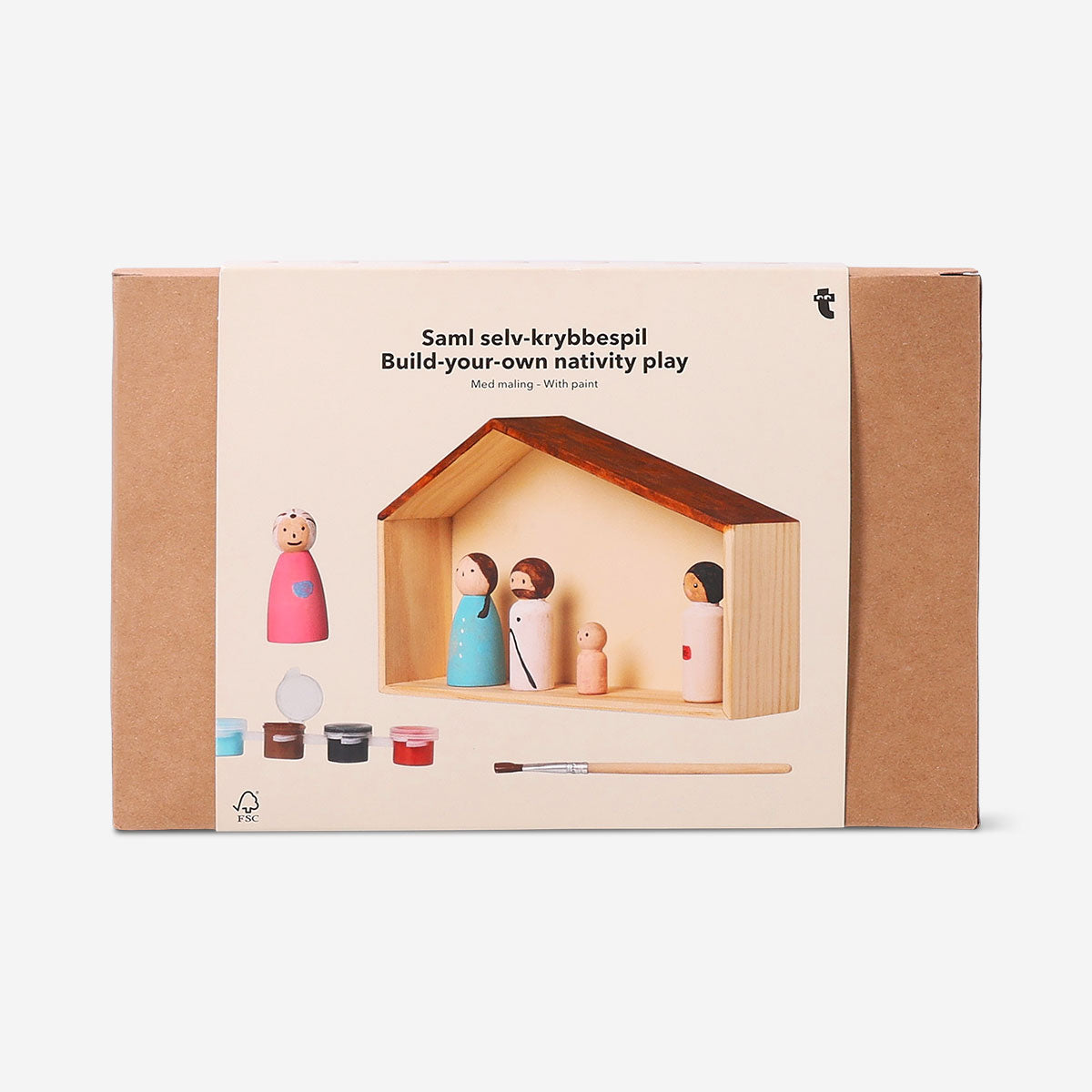 DIY wooden nativity play set by Flying Tiger Copenhagen featuring painted wooden figures for holiday craft projects.
