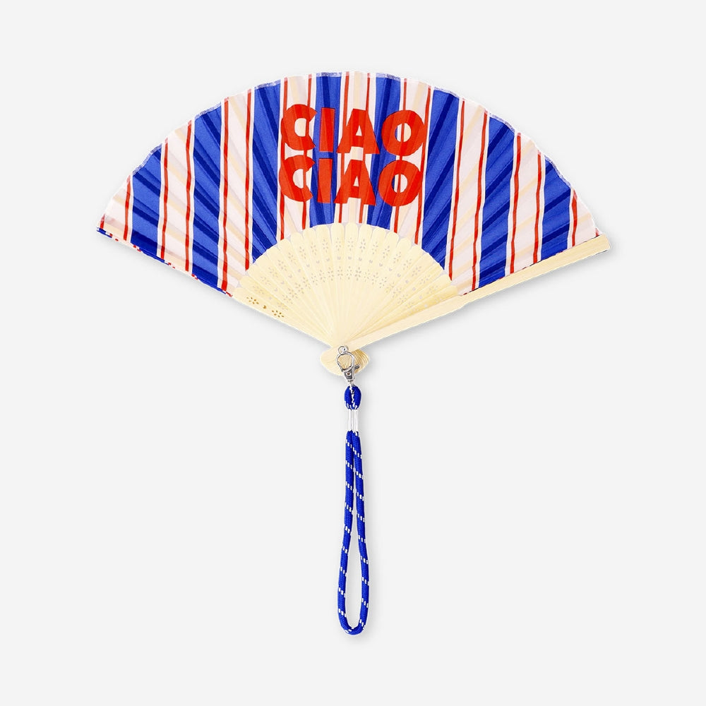 Foldable bamboo fan with strap featuring Ciao Ciao print, lightweight textile design from Flying Tiger Copenhagen.