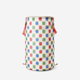 Colorful dotted laundry basket from Flying Tiger Copenhagen, 35x48 cm, with vibrant pattern and sturdy handles for home use.