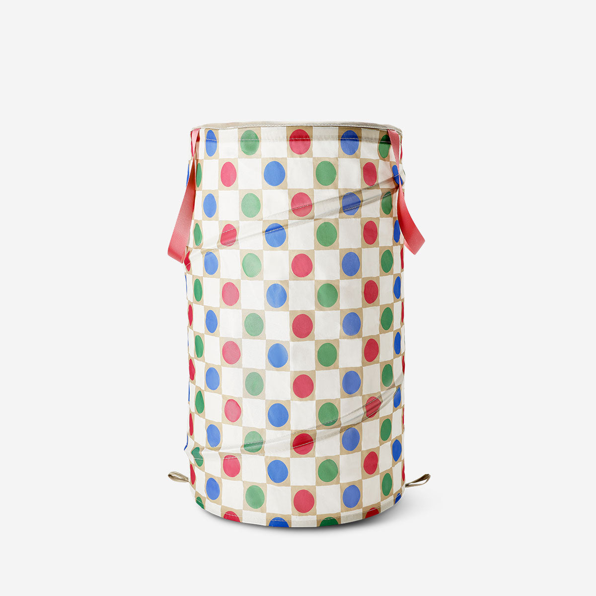 Colorful dotted laundry basket from Flying Tiger Copenhagen, 35x48 cm, with vibrant pattern and sturdy handles for home use.