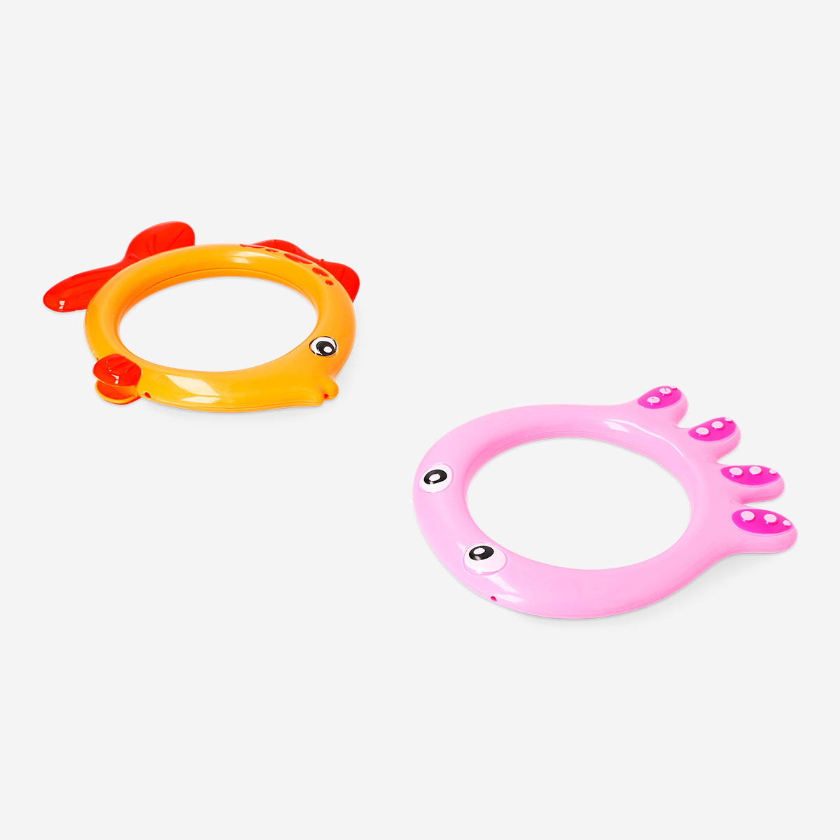 Two colorful fish diving rings toy by Flying Tiger Copenhagen, designed for underwater play and swimming training.