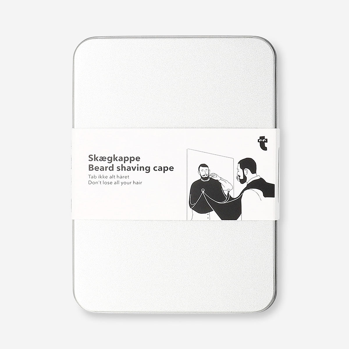 Flying Tiger Copenhagen beard shaving cape in a tin box, personal care accessory for grooming and beard trimming.