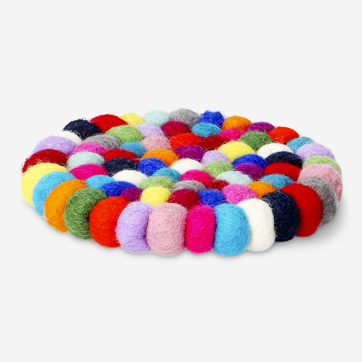 Colorful wool kitchen trivet with multi-colored woven pattern, made by Flying Tiger Copenhagen for heat protection.