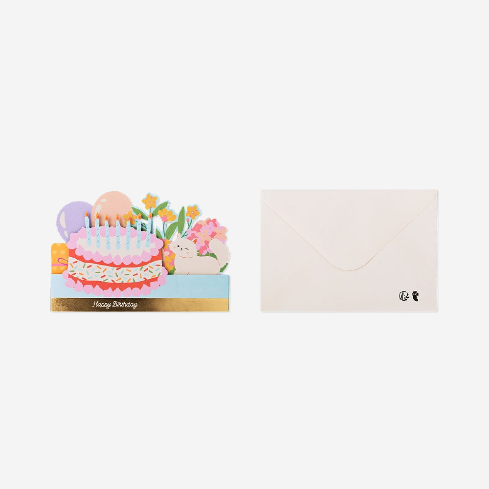 Office birthday card with colorful cake, balloons, and flowers design by Flying Tiger Copenhagen.