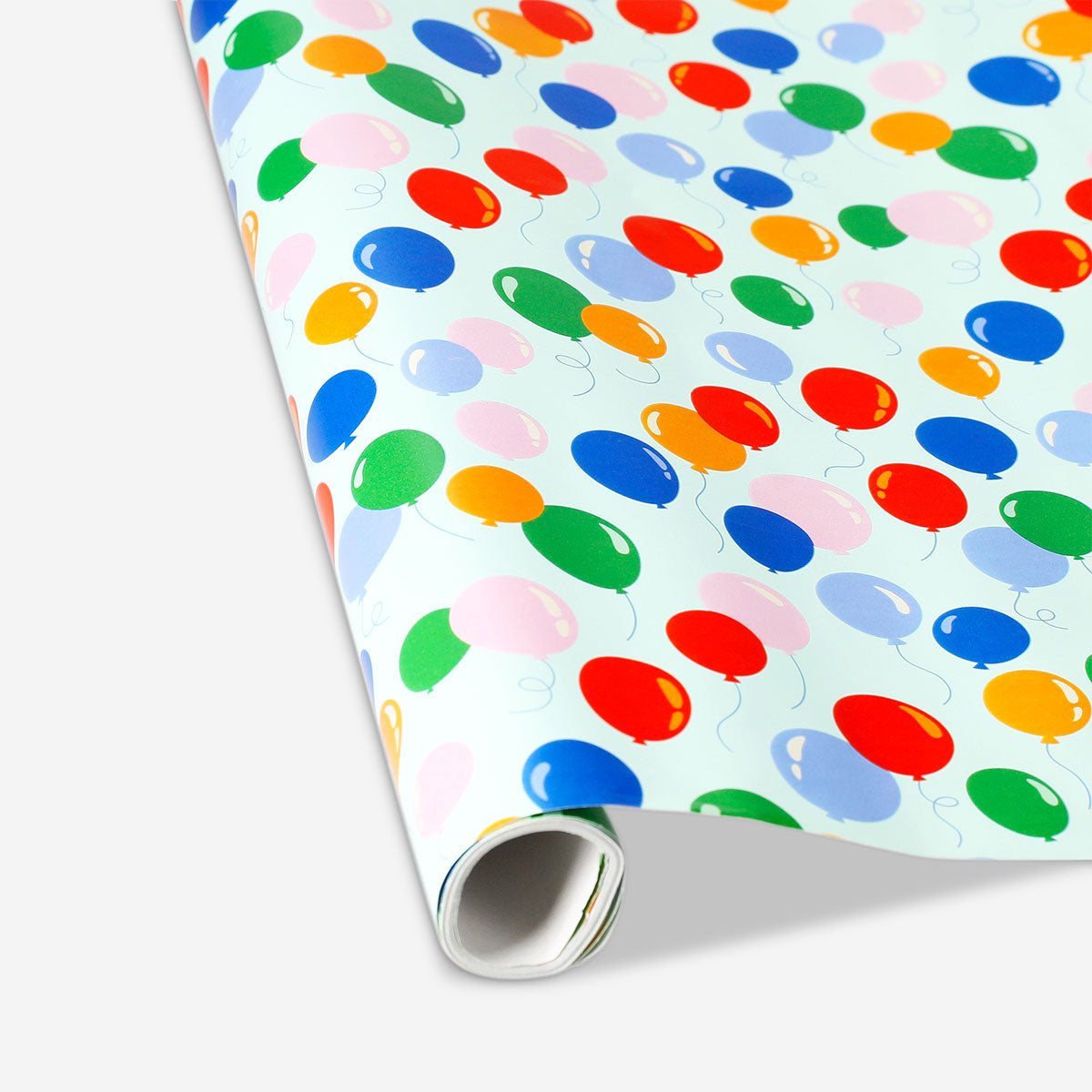 Colorful balloons design on 400 cm Flying Tiger Copenhagen office wrapping paper for festive gift wrapping.