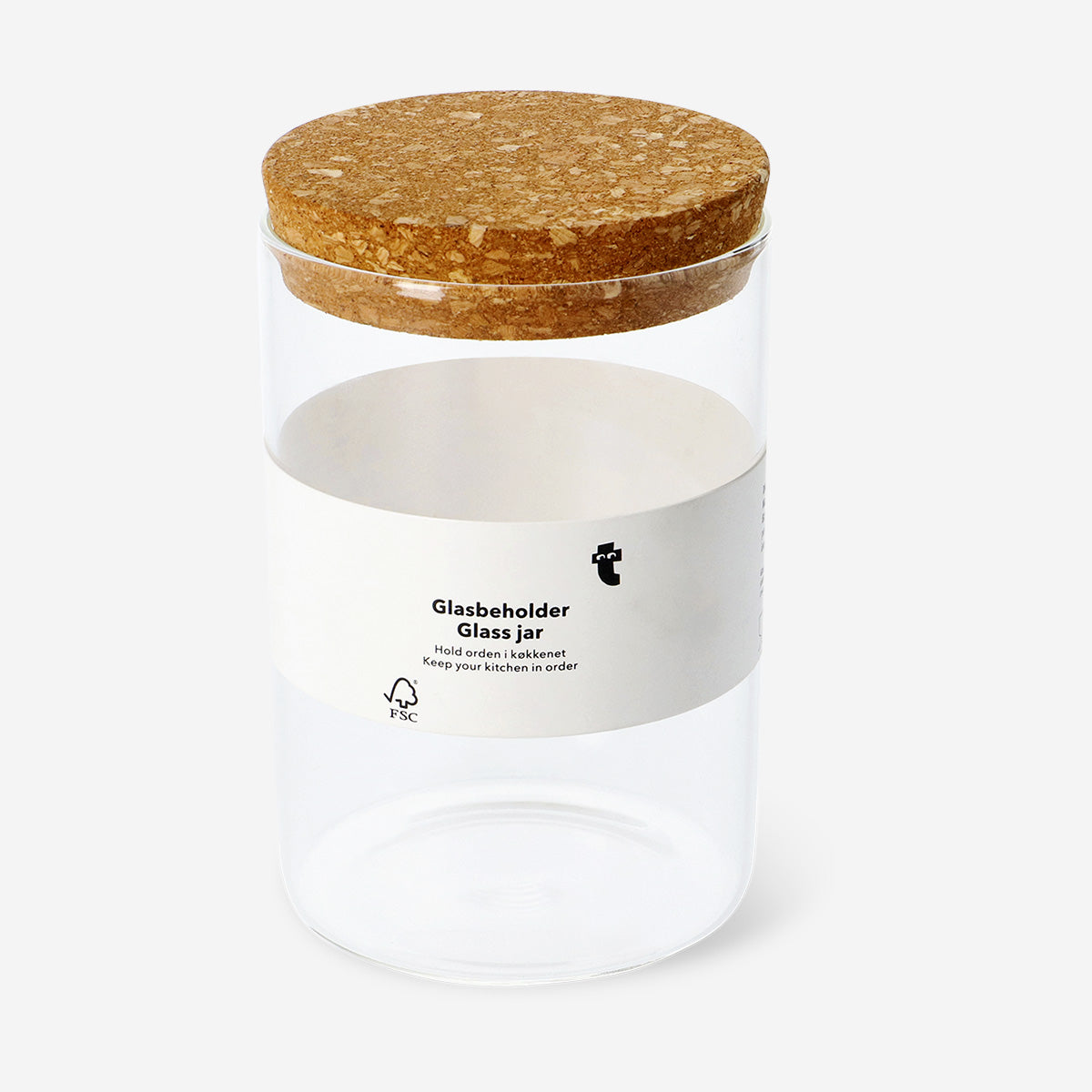 Glass jar with cork lid, 14 cm tall, used for kitchen storage, by Flying Tiger Copenhagen, shown with a clear view of the jar and lid.