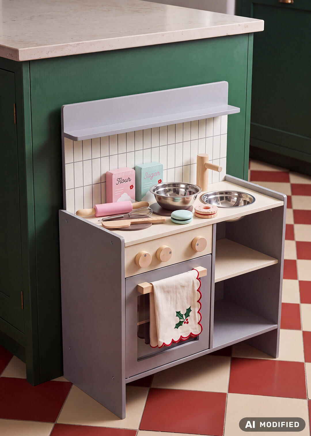Wooden toy play kitchen by Flying Tiger Copenhagen, 70x50 cm, featuring realistic stove, sink, and countertop for imaginative play.