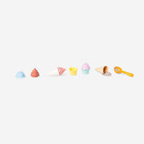 Flying Tiger Copenhagen ice cream sand moulds with spoon toy set, featuring colorful molds and a small plastic spoon for imaginative play.