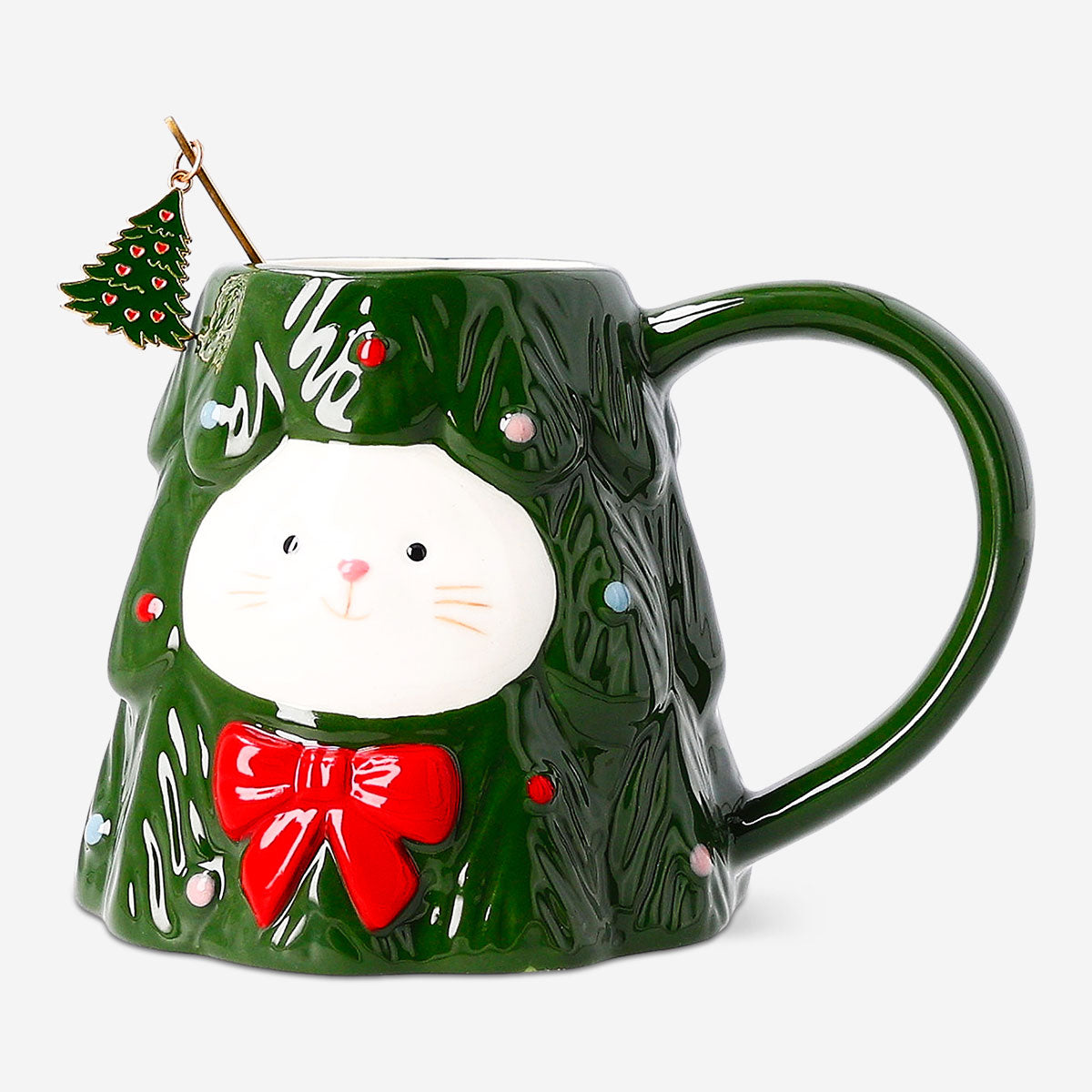 Cat in Christmas tree mug with spoon - 330 ml