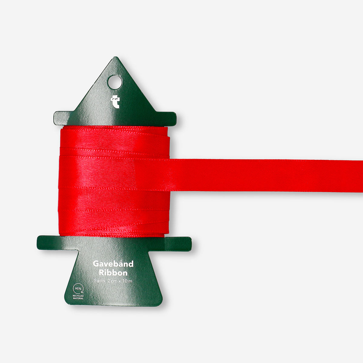 Red satin ribbon from Flying Tiger Copenhagen, 10 meters long, neatly rolled on a spool for office or craft use.