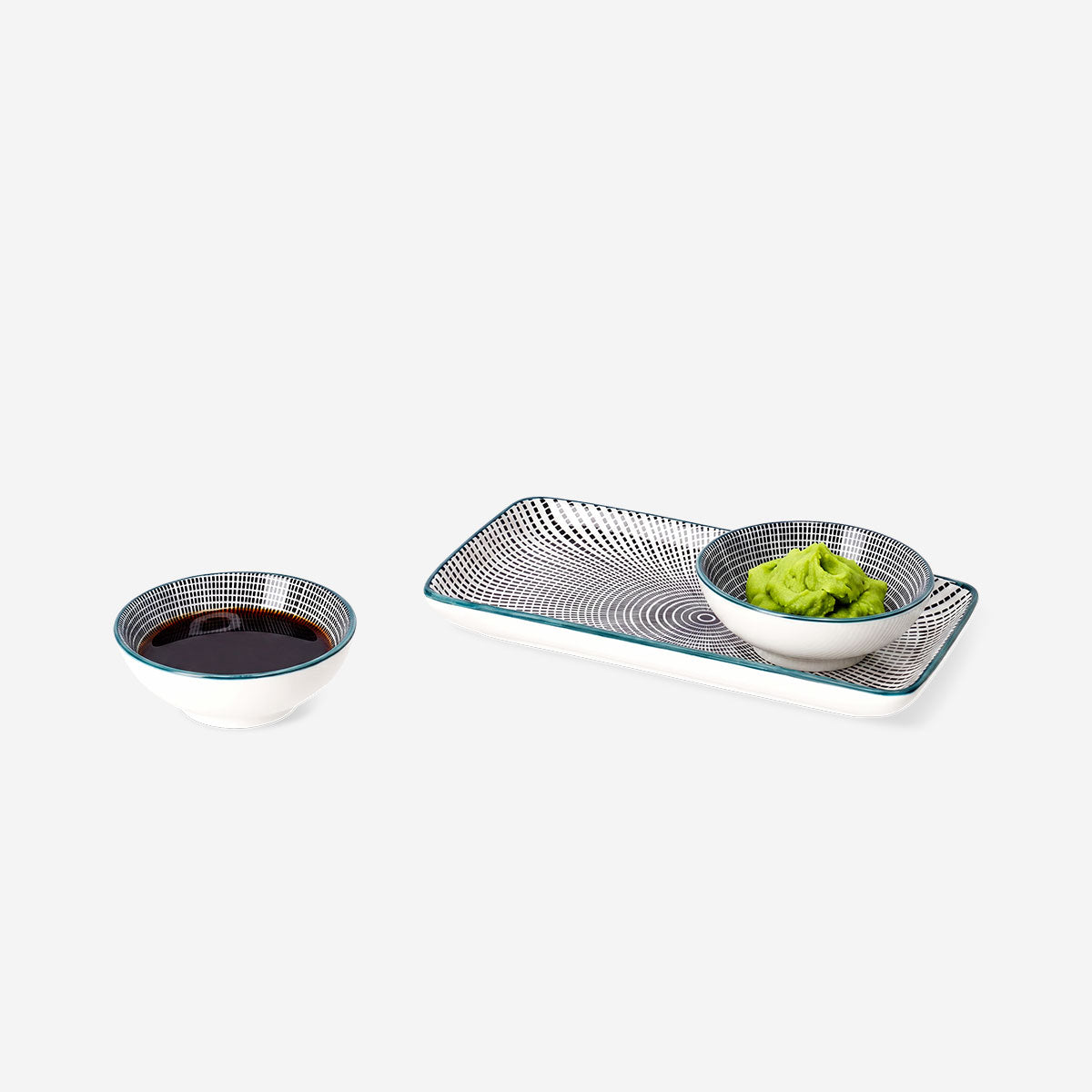 Three-piece kitchen serving tray with soy sauce bowls from Flying Tiger Copenhagen, featuring a sleek design for serving condiments.