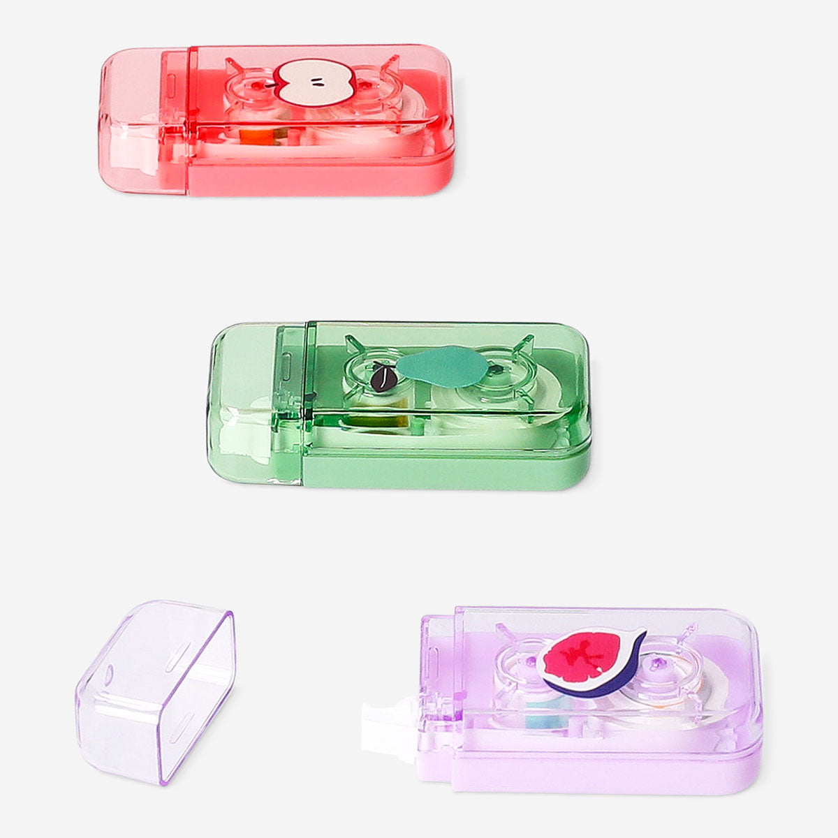 Correction tape pack with fruit icons from Flying Tiger Copenhagen, featuring three colorful office correction tapes with fun fruit designs.