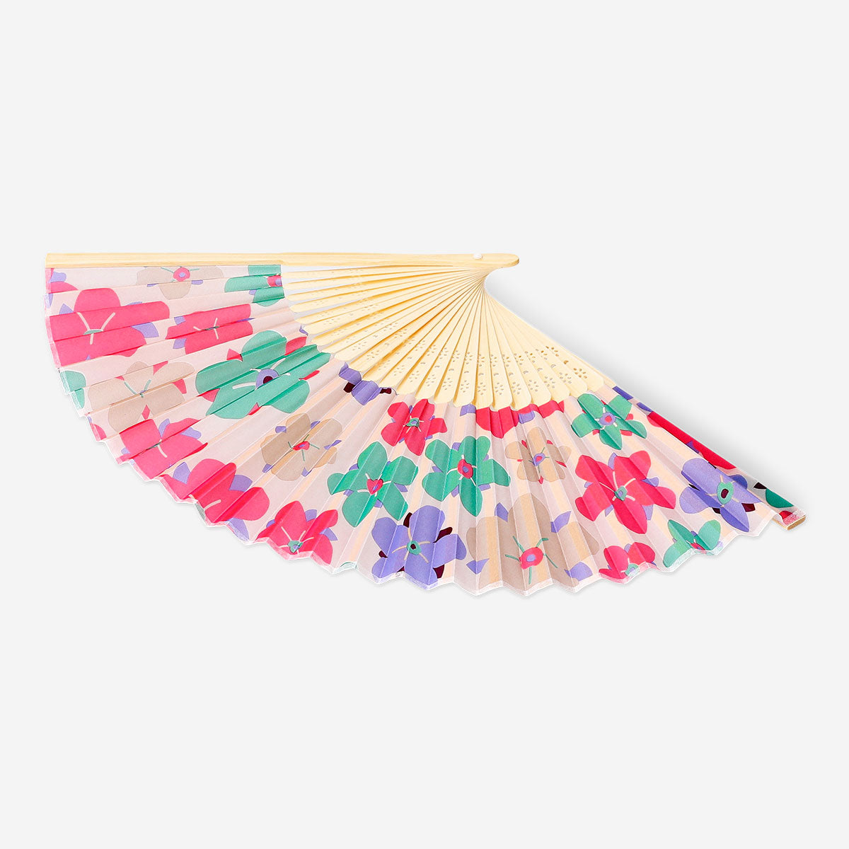 Foldable bamboo fan with abstract floral textile design by Flying Tiger Copenhagen, showcasing vibrant flower patterns on the fan.