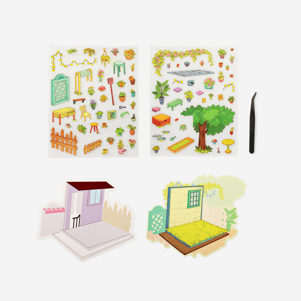 Flying Tiger Copenhagen 3D flower garden sticker scene for hobbies, featuring colorful floral and garden elements on a sheet.