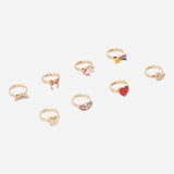 Set of 8 children's adjustable textile rings featuring colorful fairytale motifs, perfect for kids' playful accessories.