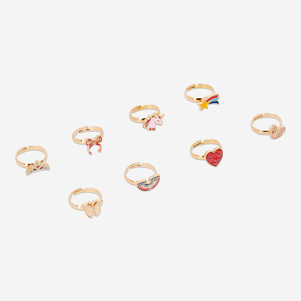 Set of 8 children's adjustable textile rings featuring colorful fairytale motifs, perfect for kids' playful accessories.