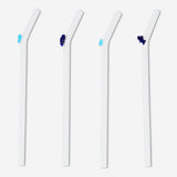 Set of four glass drinking straws with colorful fish and seashell decorations, perfect for summer beverages.