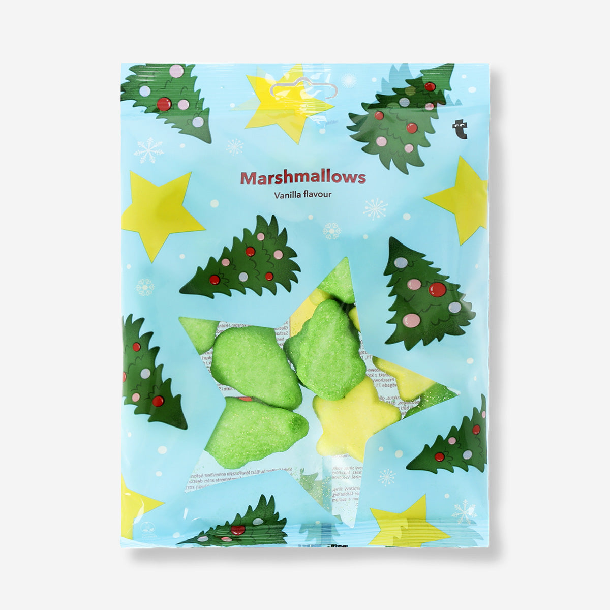 Vanilla-flavored marshmallow Christmas trees and stars from Flying Tiger Copenhagen, colorful holiday-shaped sweet confections.