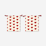 Pair of Flying Tiger Copenhagen heart print gift bags with drawstrings, ideal for office gift packaging, set of two.