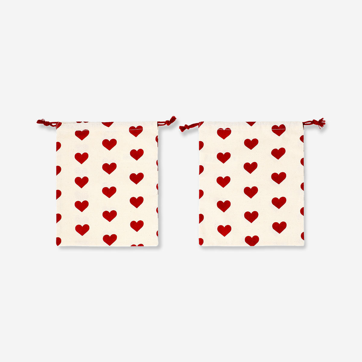 Pair of Flying Tiger Copenhagen heart print gift bags with drawstrings, ideal for office gift packaging, set of two.
