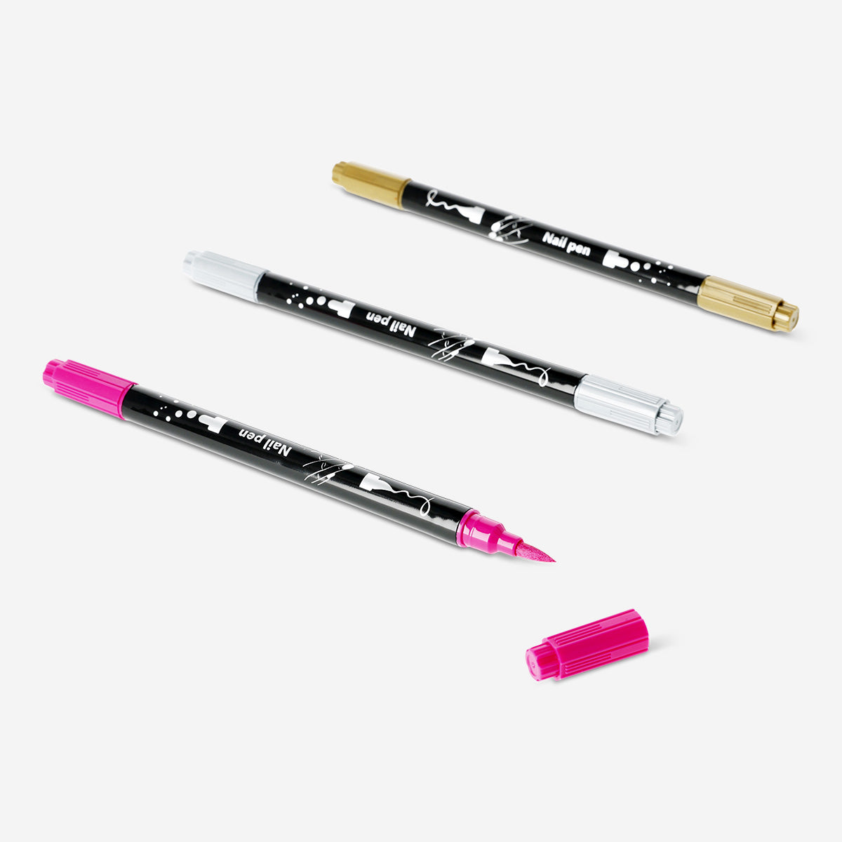 Set of three Flying Tiger Copenhagen nail pens for personal care, featuring colorful designs and fine tip applicators.