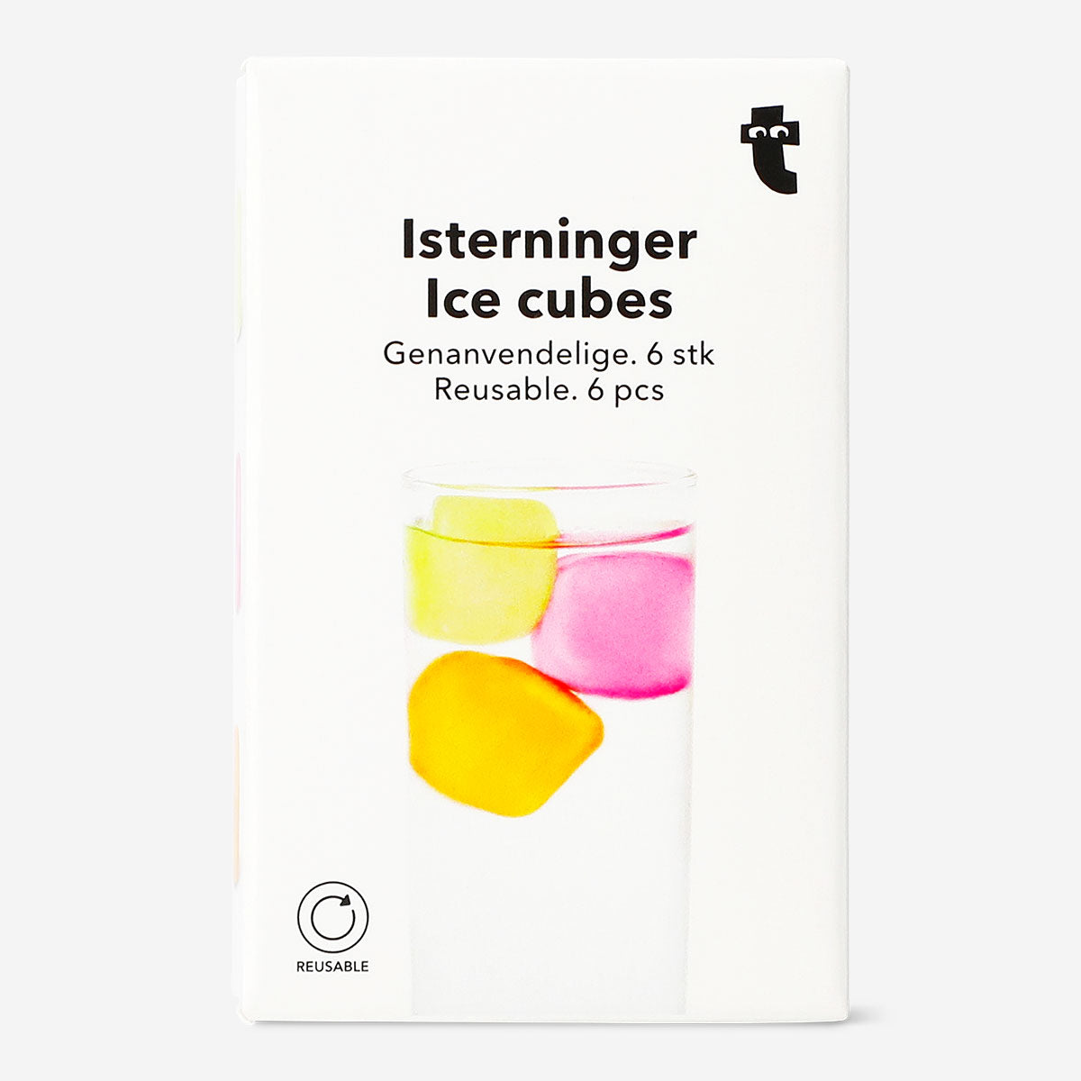 Six reusable ice cubes from Flying Tiger Copenhagen in a clear container, perfect for keeping drinks cold without melting.