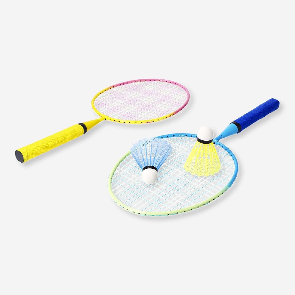Gradient badminton set for game, featuring rackets and shuttlecocks, by Flying Tiger Copenhagen, arranged on a wooden surface.