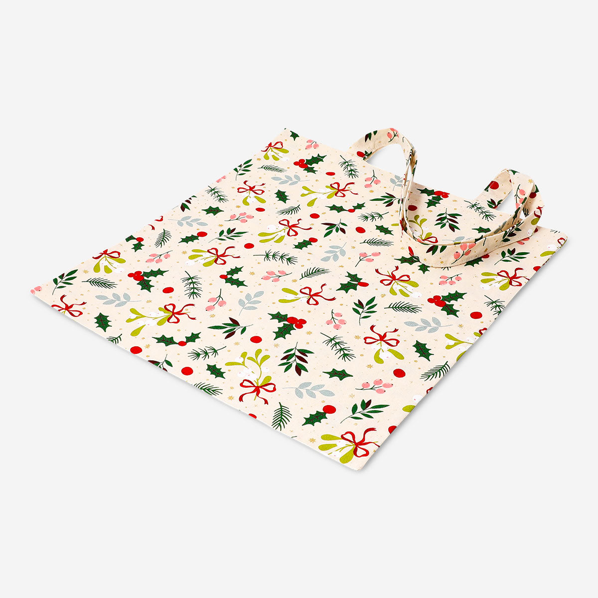 Textile tote bag featuring festive Christmas branches design by Flying Tiger Copenhagen, suitable for holiday shopping and gifting.