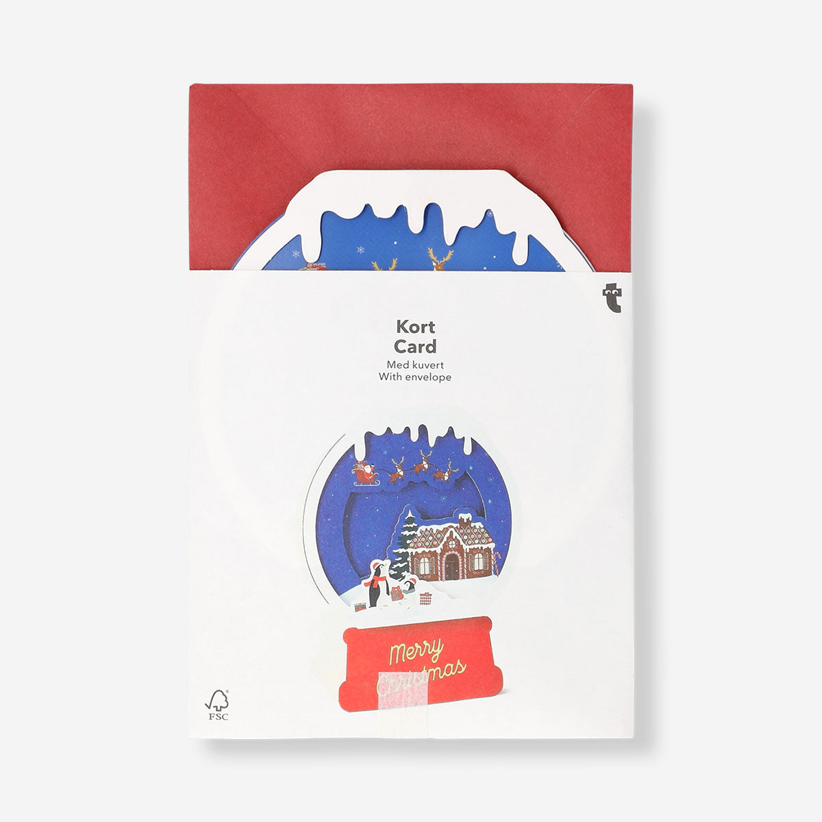 Flying Tiger Copenhagen Christmas card featuring a festive snow globe design for office holiday greetings.
